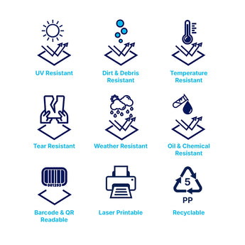 label properties - uv resistant - dirt debris resistant - temperature resistant - tear resistant - weather resistant - oil chemical resistant - barcode qr readable - recyclable