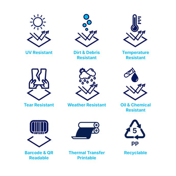label properties - uv resistant - dirt debris resistant - temperature resistant - tear resistant - weather resistant - oil chemical resistant - barcode qr readable - recyclable