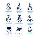 label properties - uv resistant - dirt debris resistant - temperature resistant - tear resistant - weather resistant - oil chemical resistant - barcode qr readable - recyclable