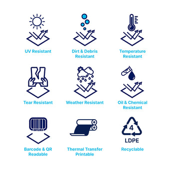 label properties - uv resistant - dirt debris resistant - temperature resistant - tear resistant - weather resistant - oil chemical resistant - barcode qr readable - recyclable